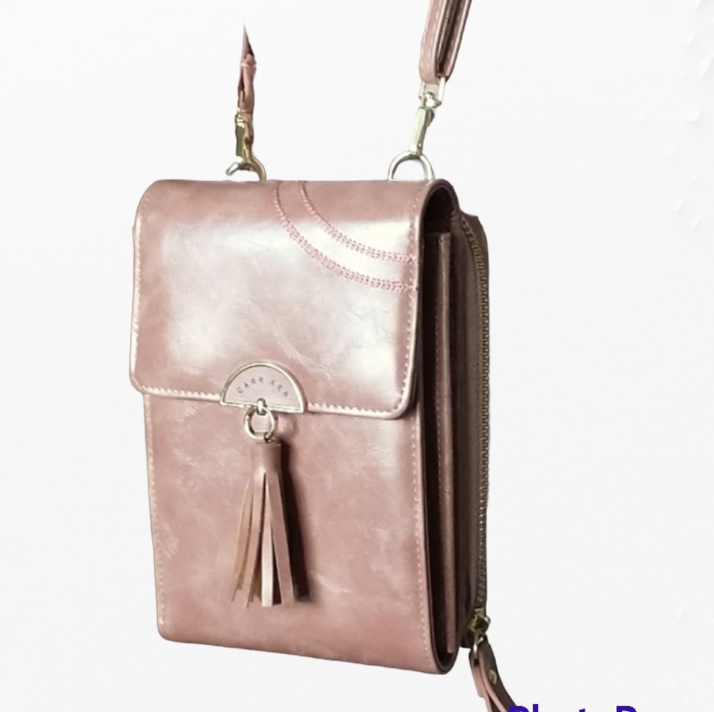 Carr Ken crossbody bag handbag wallet purse pink mauve tassel trim gold tone